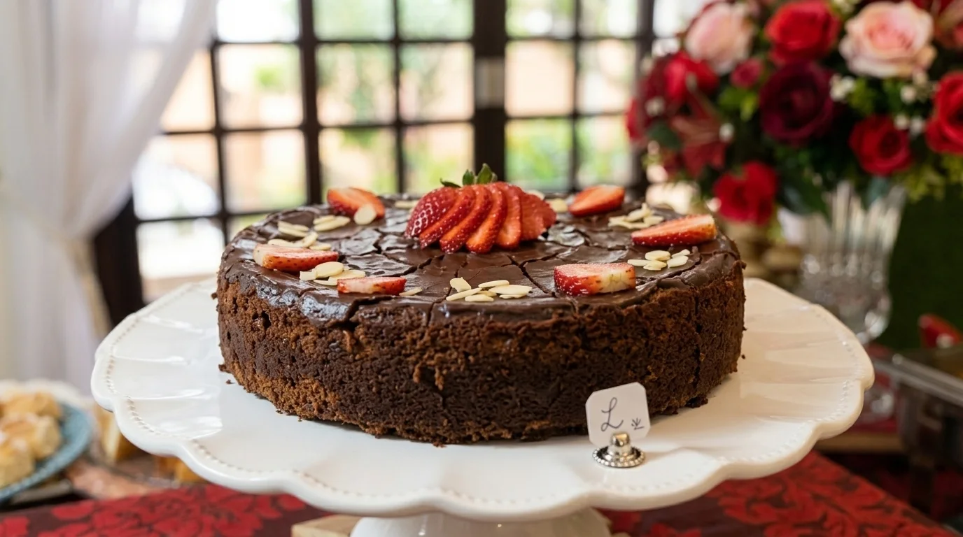 Bolo artesanal de chocolate decorado com morangos