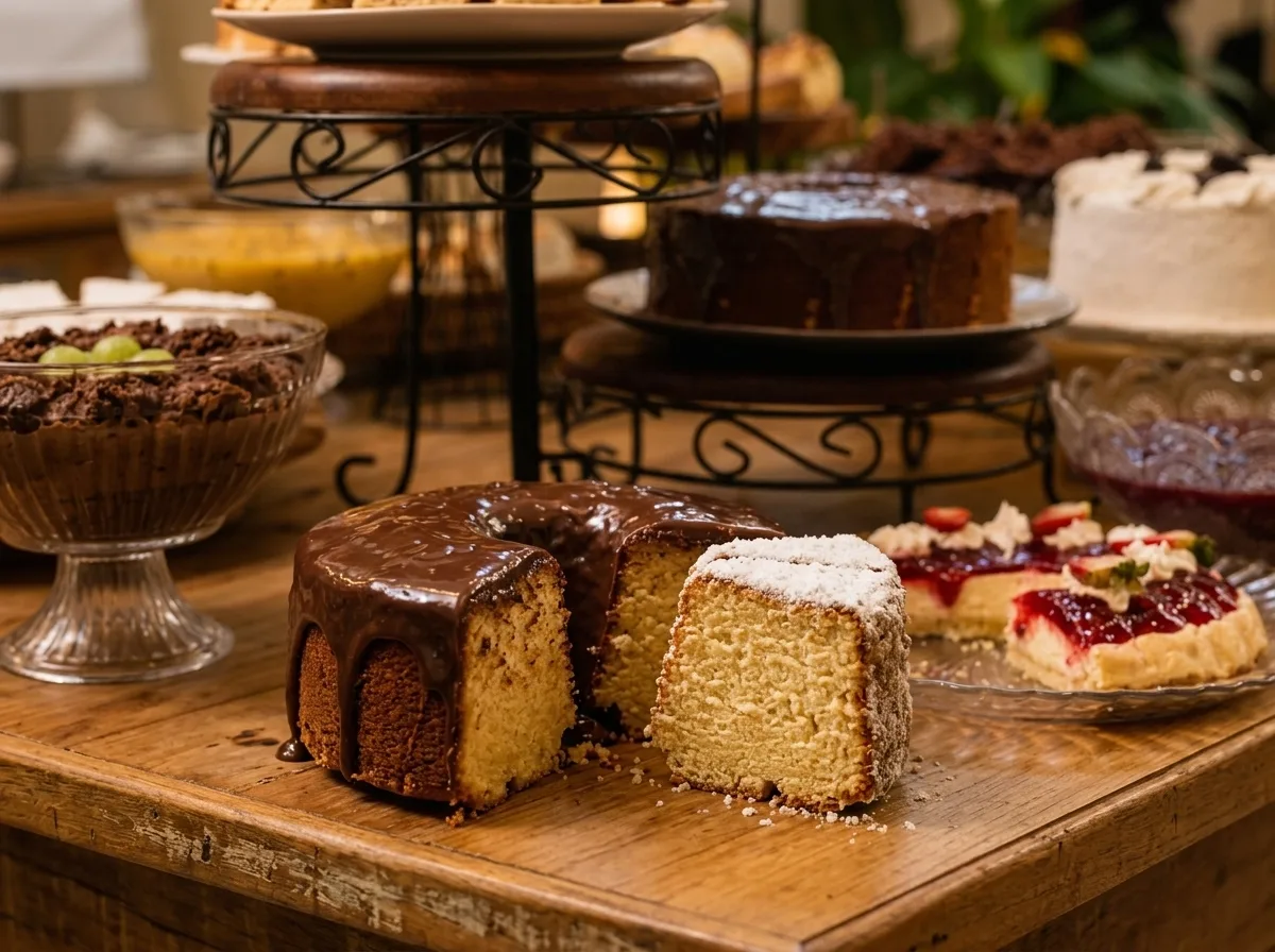 Bolos artesanais cortados e servidos sobre mesa de madeira