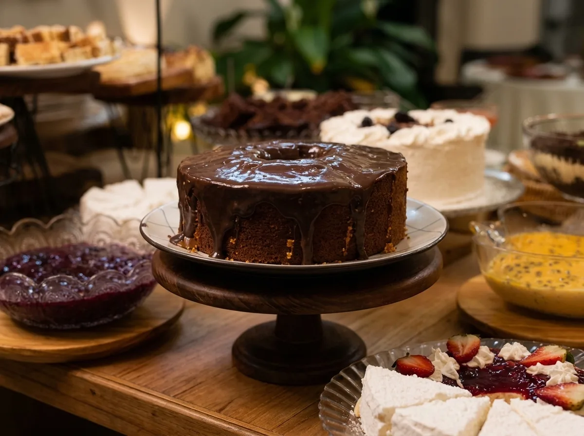 Bolo de chocolate em destaque na mesa de sobremesas