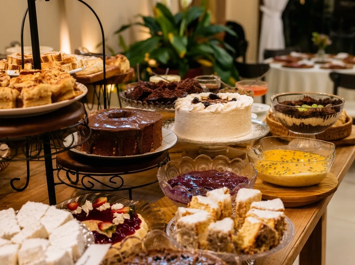 Mesa de doces e bolos artesanais do café colonial