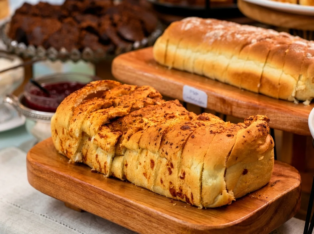 Pão artesanal recheado servido sobre tábua de madeira
